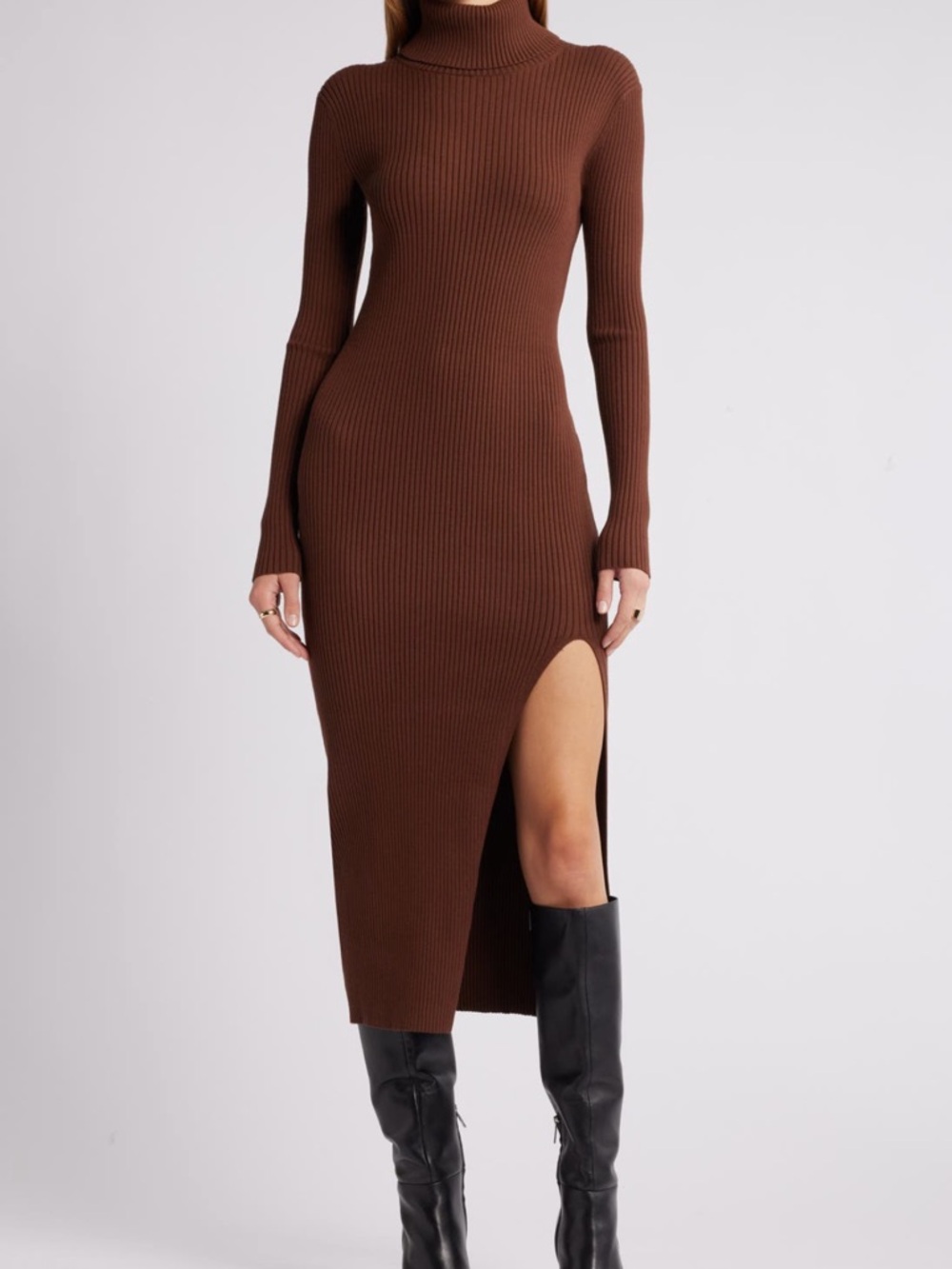 Open Edit Rib Long Sleeve Turtleneck Sweater Dress in Grey Magnet